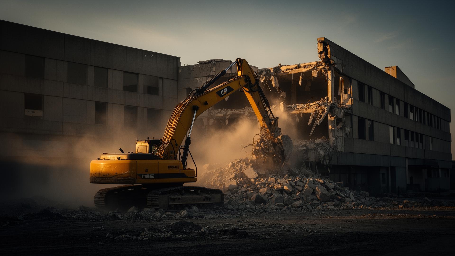 Excavator demolishing a large commercial building at golden hour